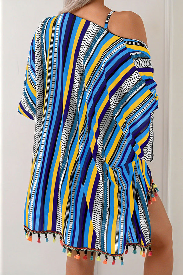 Striped Tassel Kimono Bikini & Shorts 4-Piece Set - Swimwear from Cindelily