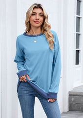 Ribbed Color Block Crew Neck Casual Sweatshirt