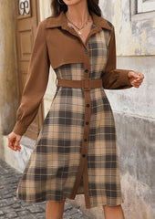 Retro Plaid Corduroy Patchwork Midi Dress with Belt