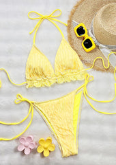 Ruffled Halter Tie Detail Yellow Bikini Sets