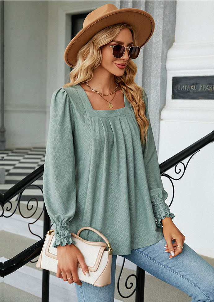 Jacquard Pleated U Neck Casual Blouse