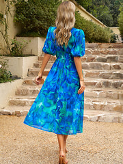 Floral Smocked Waist V Neck Chiffon Maix Dress