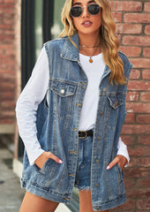 Retro Washed Denim Vest with Pockets
