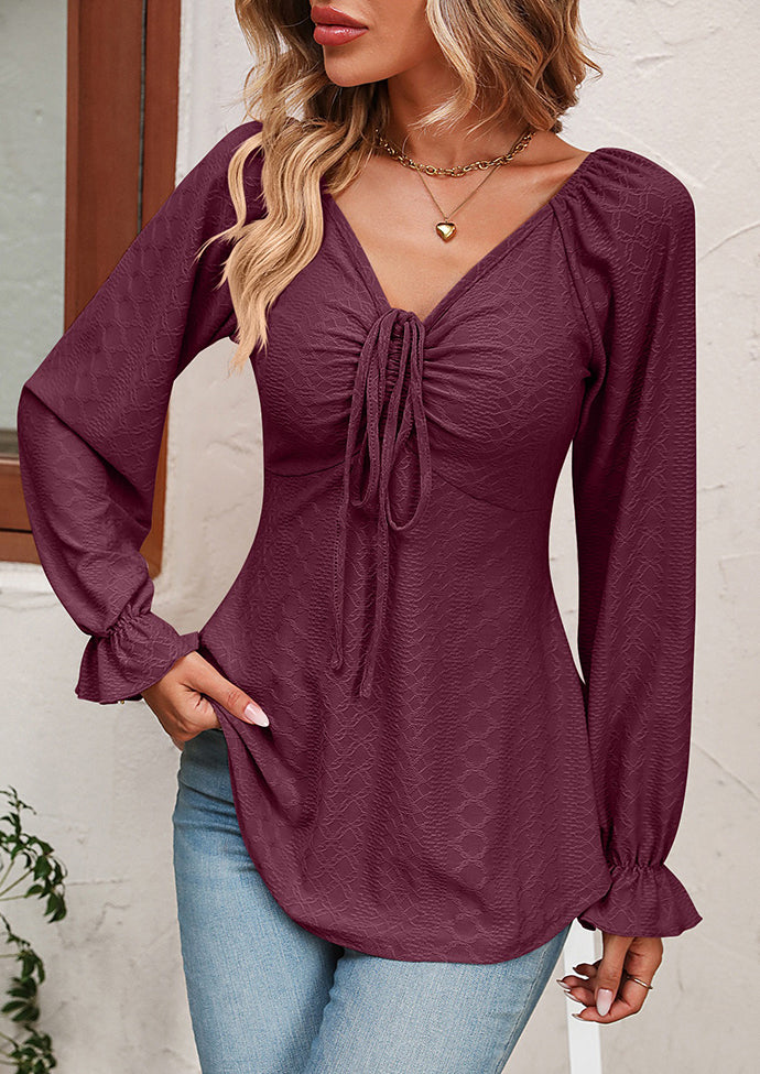Jacquard Ruched V Neck Long Sleeve Blouse