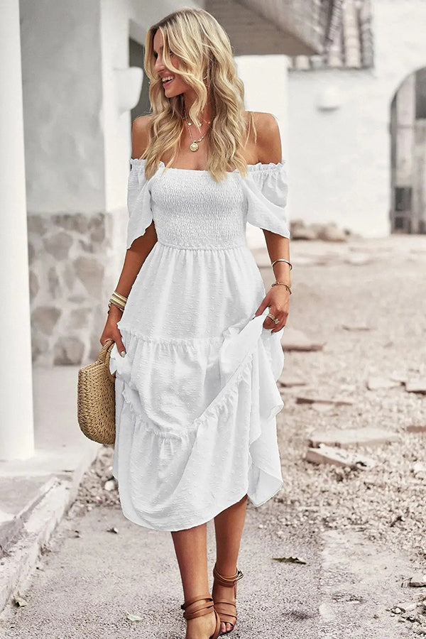 Jacquard Smocked Bodice Tiered Midi Dress White - Dresses from Cindelily