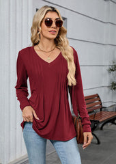 V Neck Pleated Long Sleeve Casual Tunic