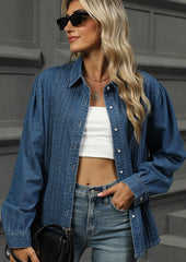 Pleated Button Up Washed Denim Shirt