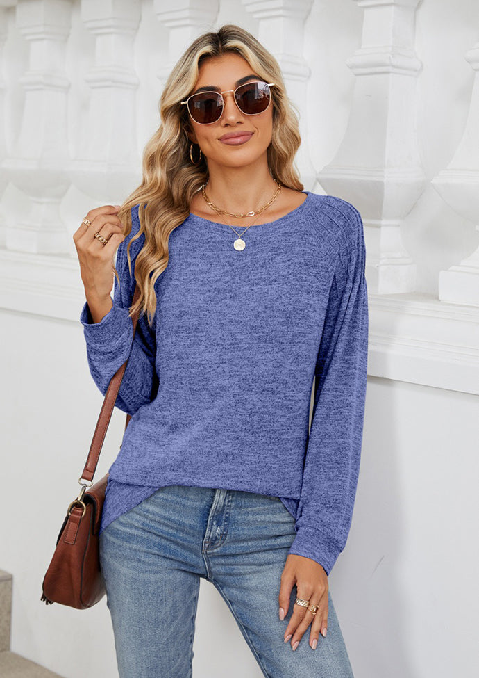 Pleated Long Sleeve Crew Neck Casual T-shirt