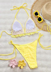 Ruffled Halter Tie Detail Yellow Bikini Sets
