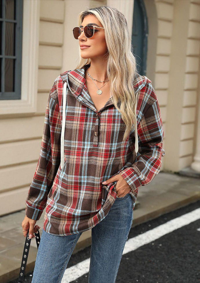 Plaid Button Up Hooded Tie Detail Casual Blouse