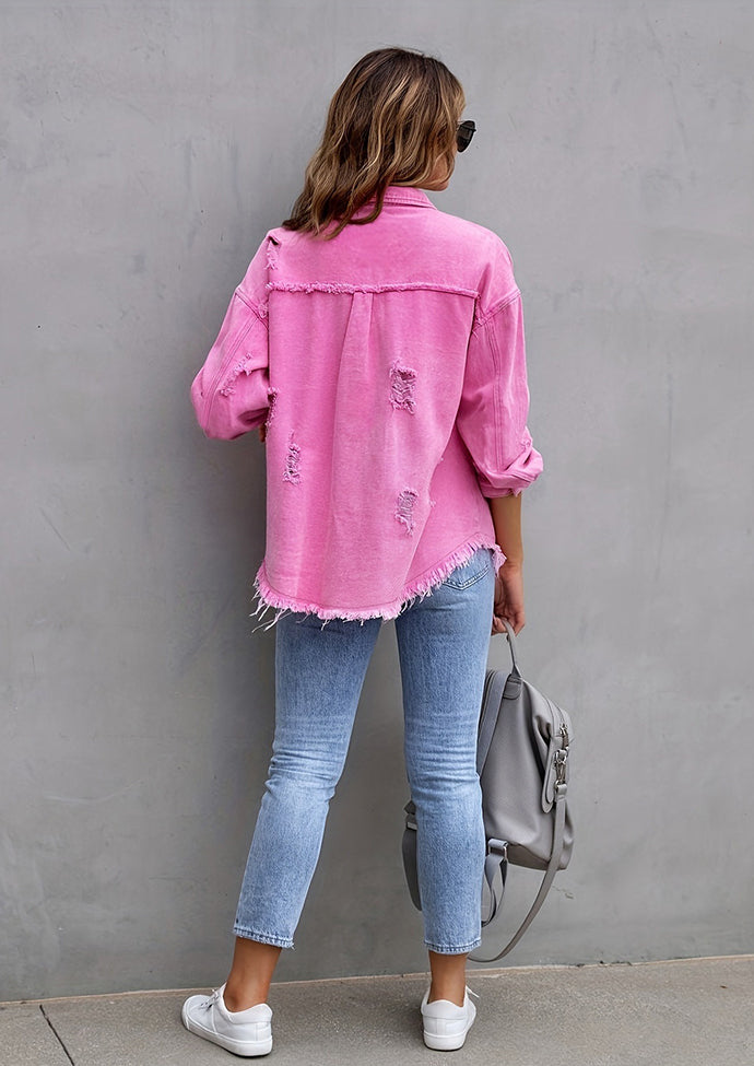 Raw Hem Distressed Button Up Denim Jacket