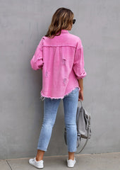 Raw Hem Distressed Button Up Denim Jacket