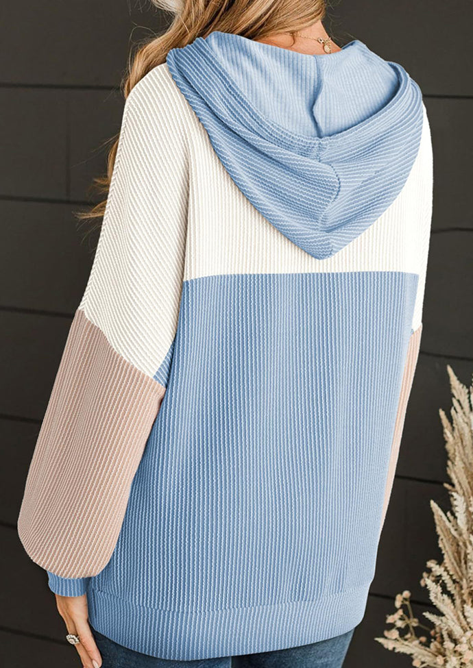Tie Detail Textured Color Block Casual Hoodie