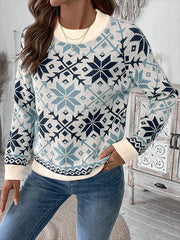 Crew Neck Snowflake Pattern Knitted Sweater