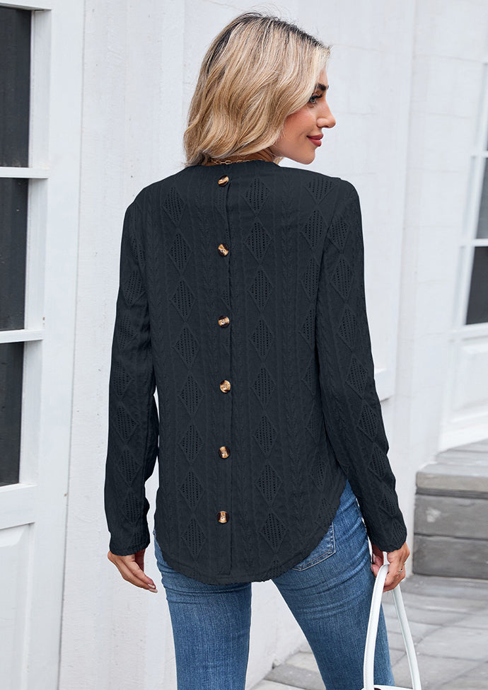 Textured Button Detail Crew Neck Casual T-shirt