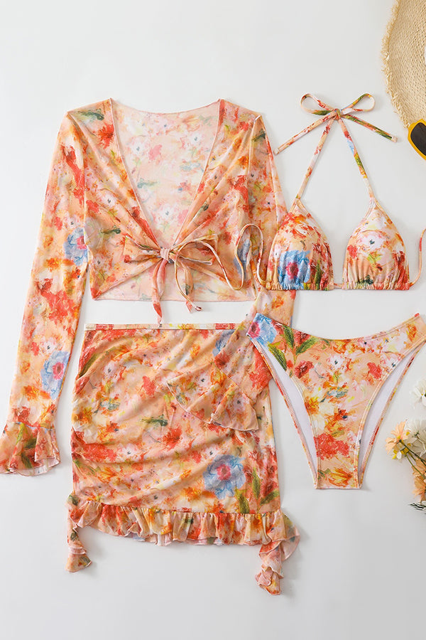 Watercolor Floral Bikini & Ruffled Skirt 4-Piece Set - Swimwear from Cindelily