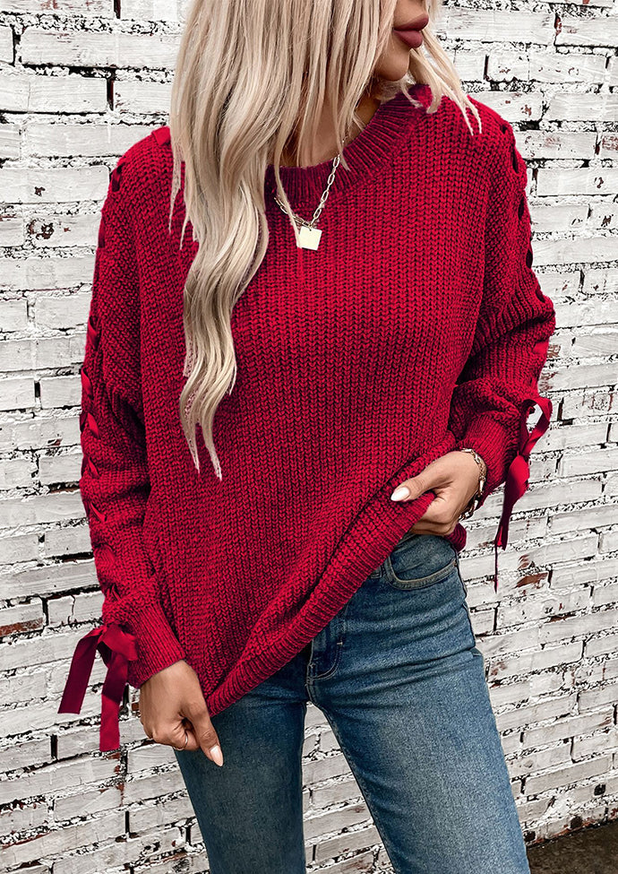Lace Up Bow Tie Knitted Sweater