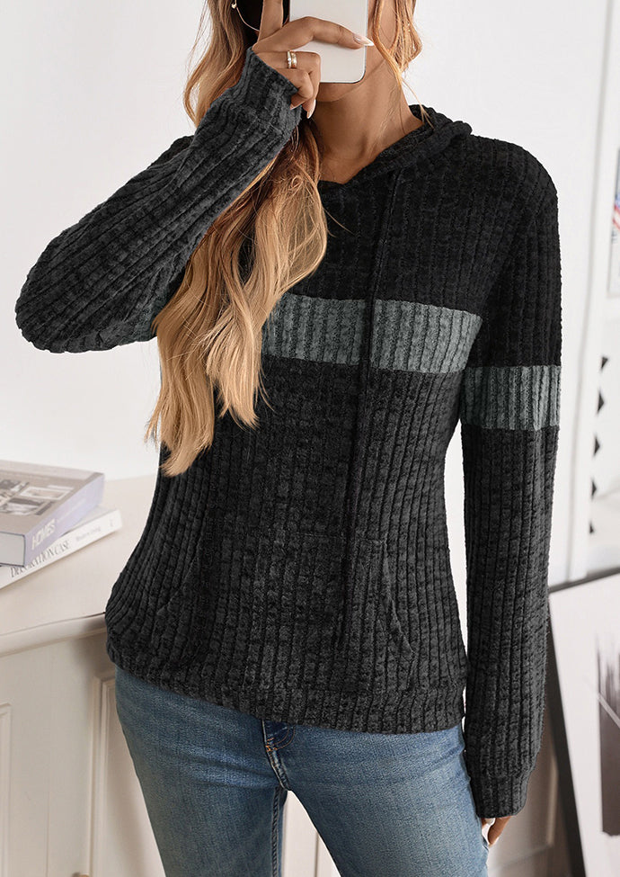 Color Block Casual Hoodie with Front Pocket