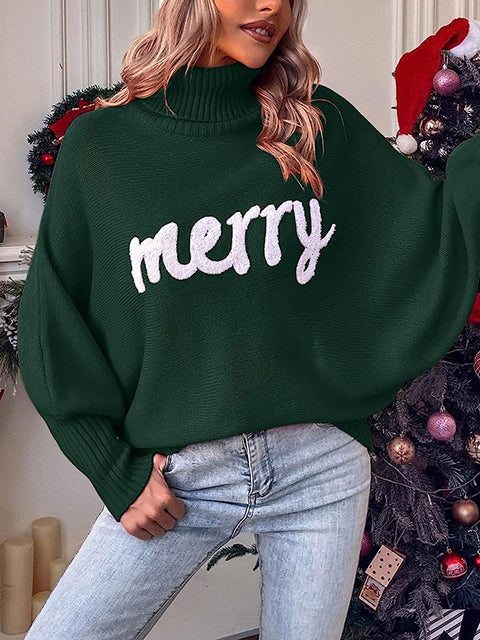 Christmas Jacquard Turtleneck Bat Sleeve Sweater