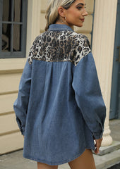 Leopard Print Patchwork Washed Denim Shirt