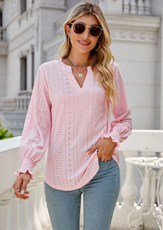 Jacquard V Neck Smocked Cuff Blouse