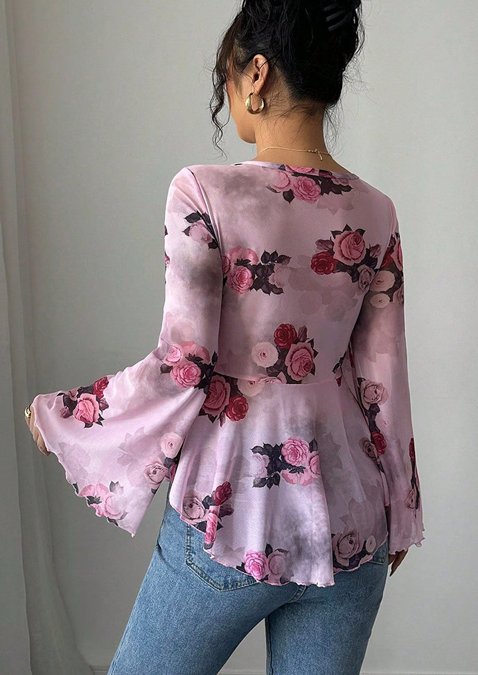 Floral Print Tie Bow Long Sleeve Top