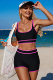 Contrast Trim 2-Piece Sporty Swim Shorts Set Black & Pink - Swimwear from Cindelily