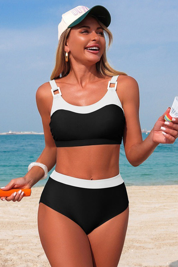 Contrast Trim High Waist Bikini Set Black - Swimwear from Cindelily