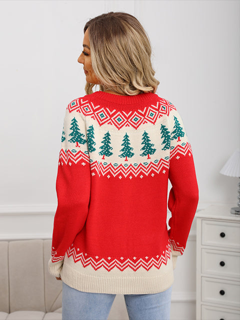 Jacquard Christmas Tree Knitted Sweater-Red