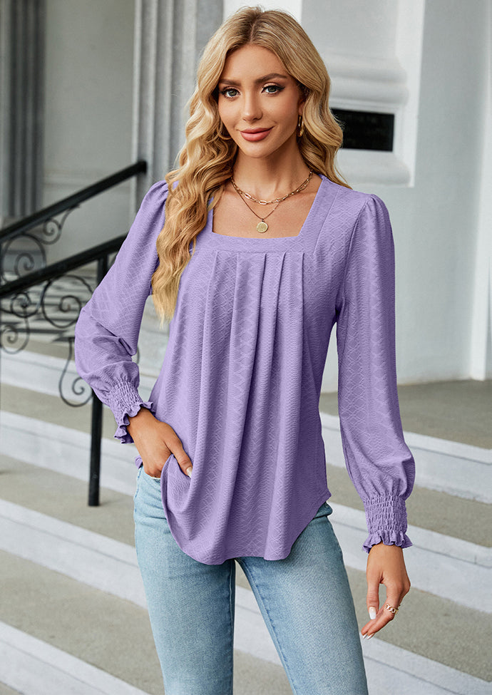 Jacquard Pleated U Neck Casual Blouse