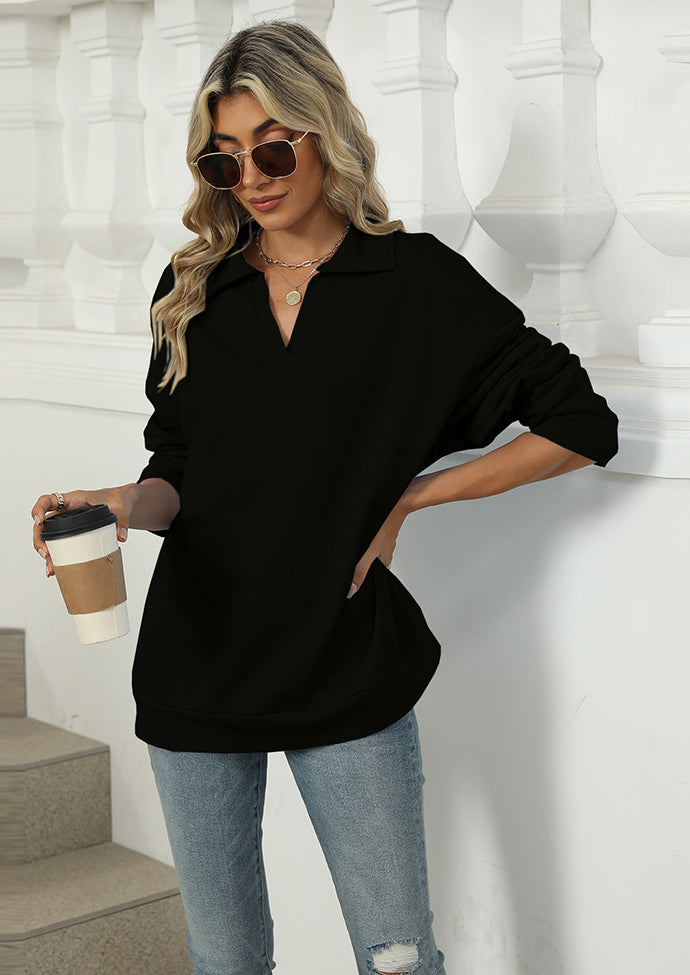 Solid Turndown Collar V Neck Sweatshirt