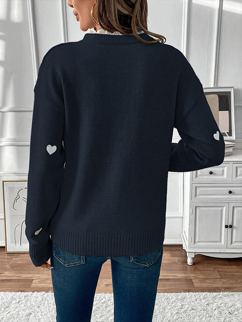 V Neck Lace Splicing Heart Jacquard Sweater