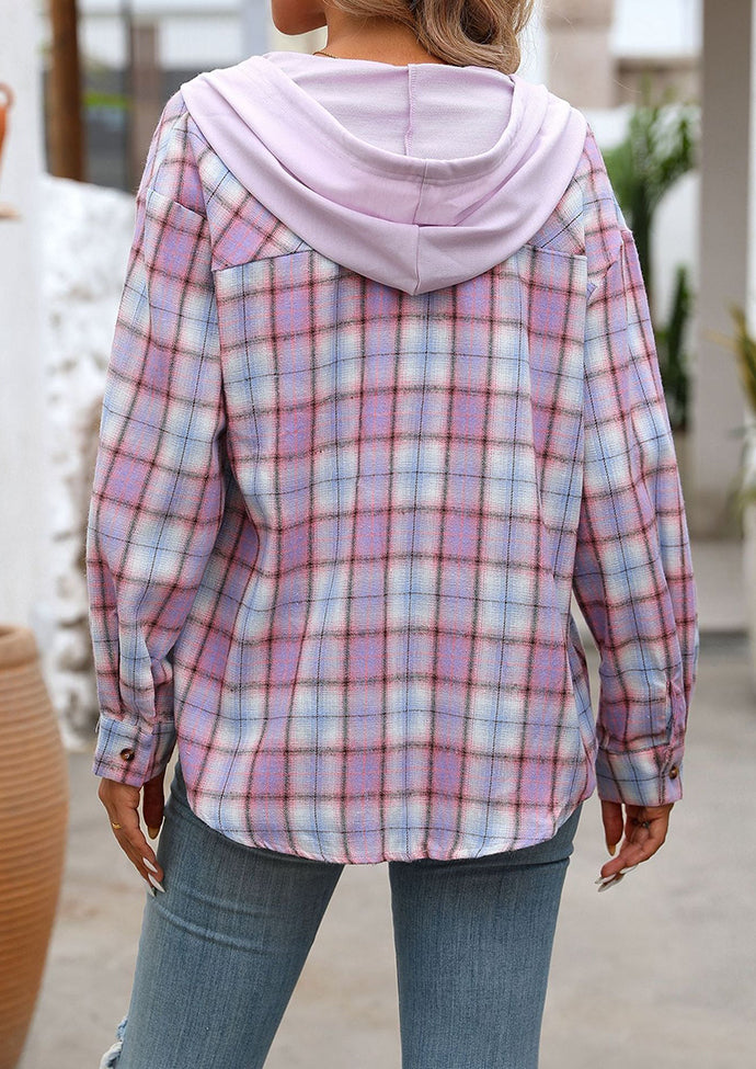 Hooded Pocket Detail Button Up Plaid Shirt