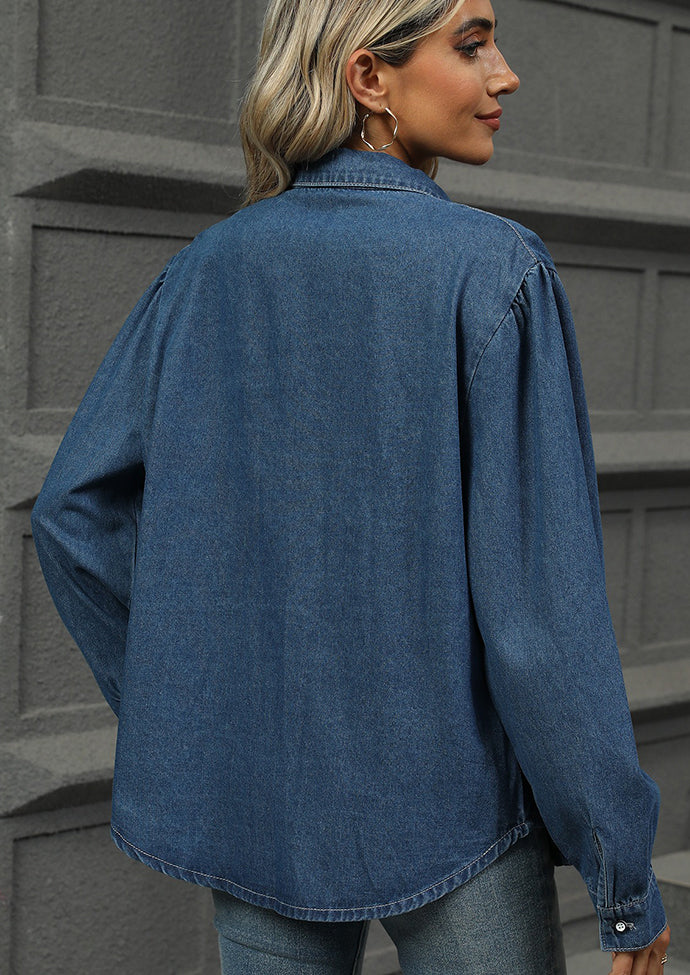 Pleated Button Up Washed Denim Shirt