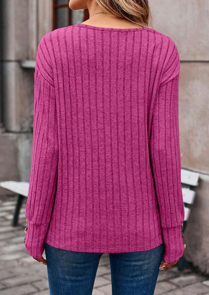 V Neck Button Detail Textued Casual T-shirt