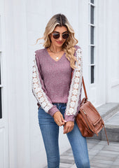Lace Inset V Neck Long Sleeve T-shirt