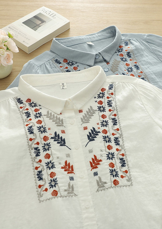 Embroidered Flower Double-layered Cotton Boho Shirt