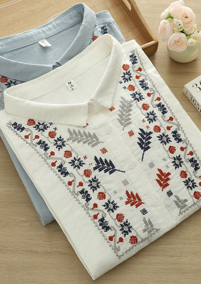 Embroidered Flower Double-layered Cotton Boho Shirt