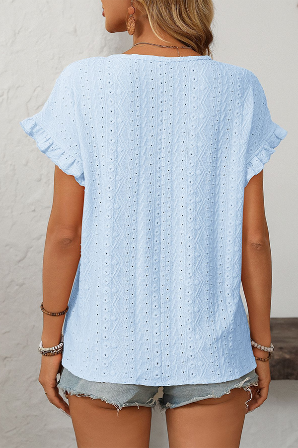 Eyelet Embroidery Ruffled Flutter-Sleeve Blouse - Blouses & Shirts from Cindelily