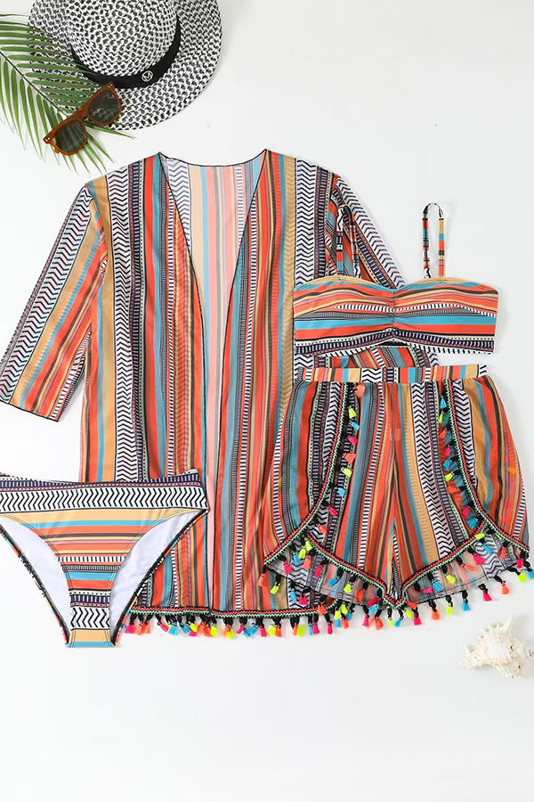 Striped Tassel Kimono Bikini & Shorts 4-Piece Set - Swimwear from Cindelily