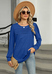 Solid Pleated Long Sleeve Casual T-shirt