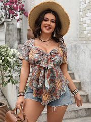 Bow Knotted Patterned Short Sleeve Tops