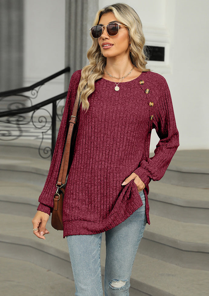 Raglan Sleeve Button Detail Side Split Tunic