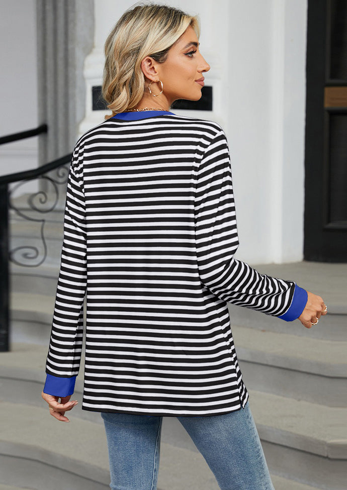 Crew Neck Color Block Pocket Detail Striped Top