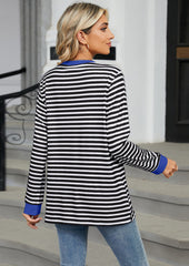 Crew Neck Color Block Pocket Detail Striped Top