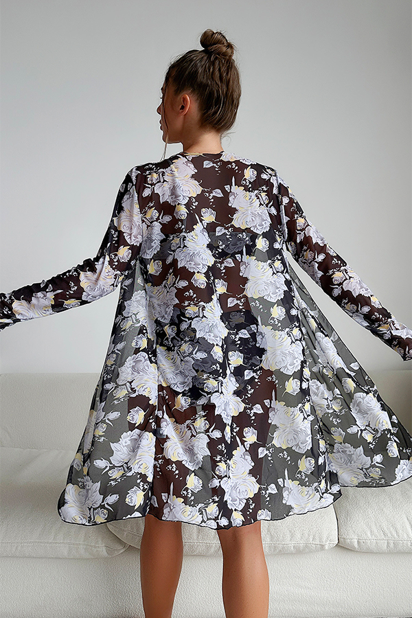 Floral Bikini & Sheer Cover-Up 3-Piece Set - Swimwear from Cindelily