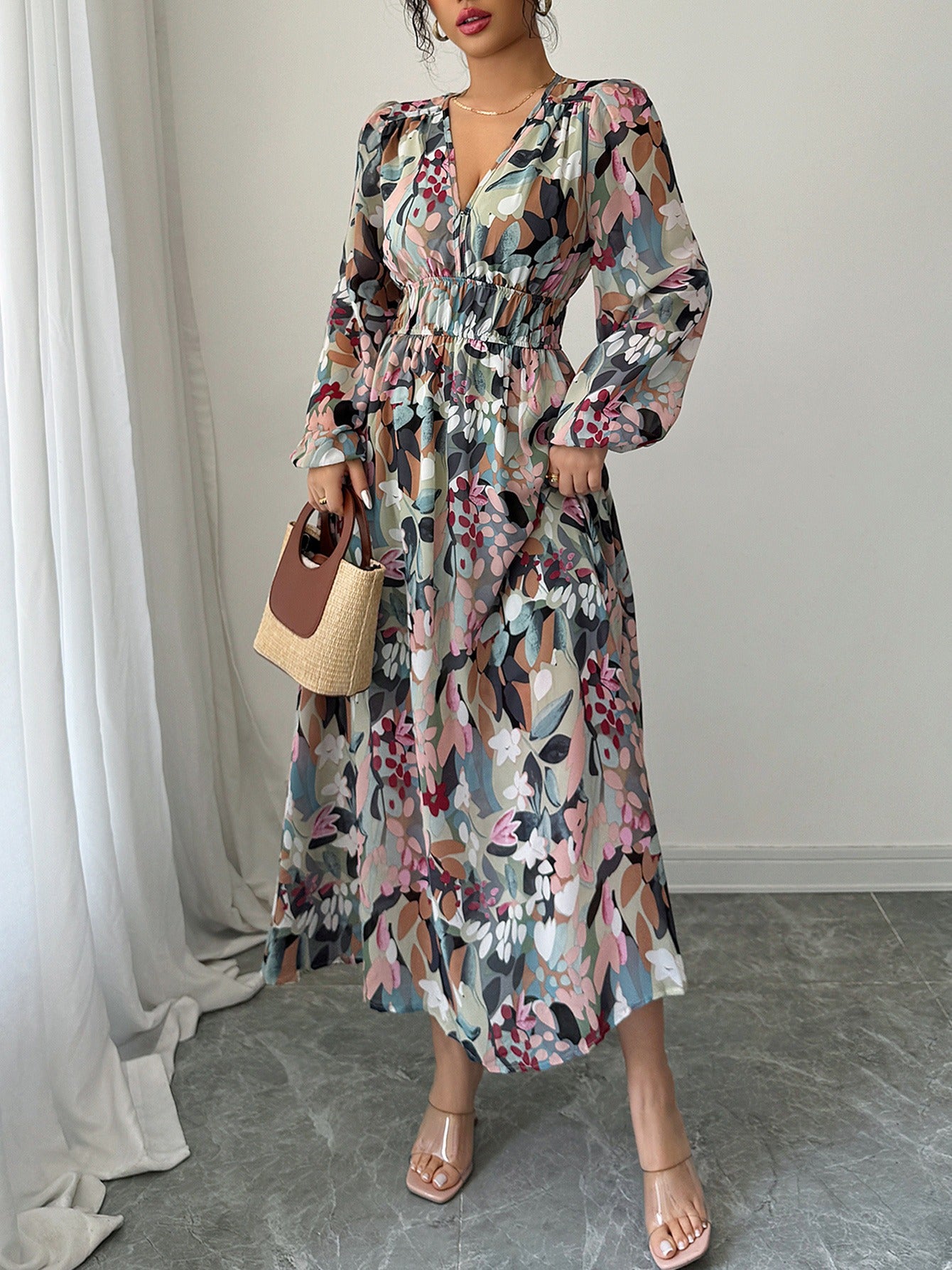 Floral Print Smock Neck Wrap Maxi Dress