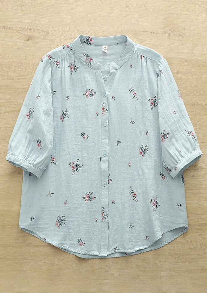 Split Neck Floral Print Half Sleeve Cotton Shirt
