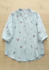 Split Neck Floral Print Half Sleeve Cotton Shirt