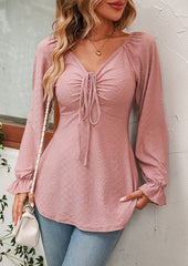 Jacquard Ruched V Neck Long Sleeve Blouse